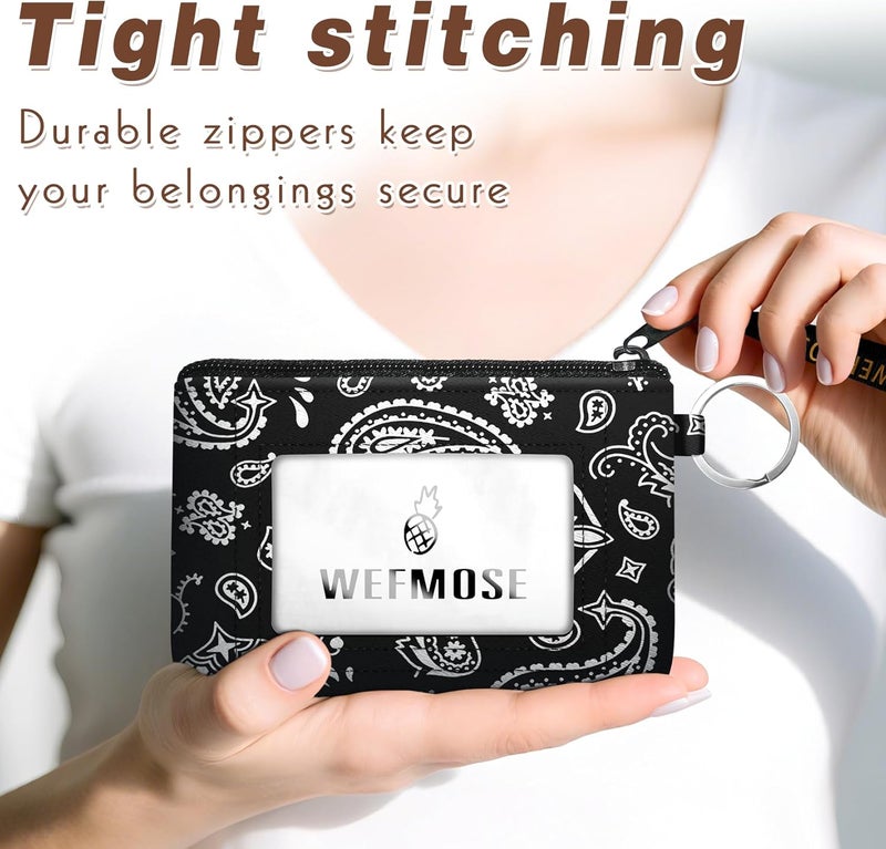 WEFMOSE Small Wallet Keychain with Clear ID Window Zipper Cute ID Case Coin Purse for Women Water Resistant Coin Pouch-Paisley-Black Keychain Wallet - Image 4